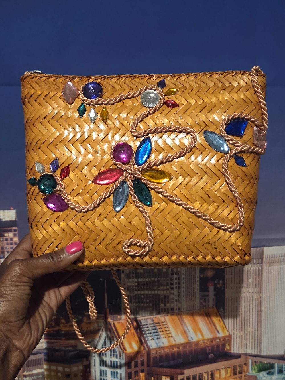 Woven Beaded Crossbody Bag in Tan